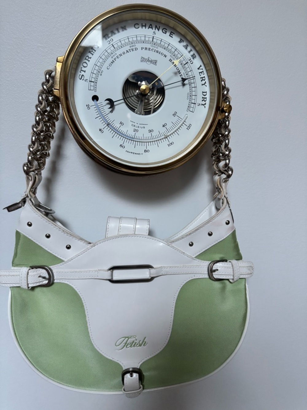 Fetish by Eve rare White & Sage Green saddle-shaped hobo  stylish Chain Strap